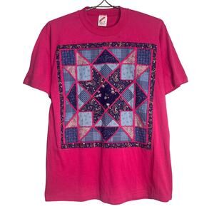 Vintage Handmade Fuchsia Pink Blue Quilt Hex Womens Size Large T-Shirt Cottage